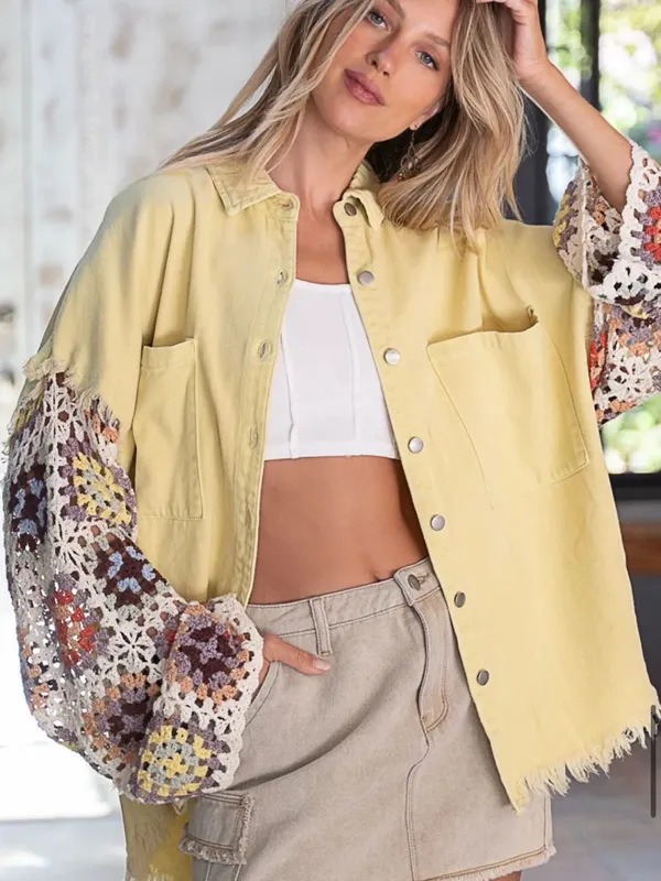 New. Lemonade Twill Shacket w/ Crochet Sleeves - Image 4