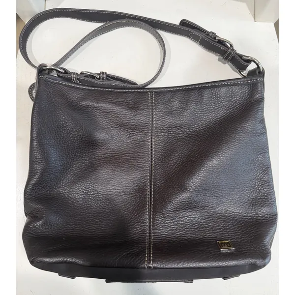 The Sak Dark Brown Pebbled Leather Crossbody Bag Contrast Stitching Adjustable - Image 2
