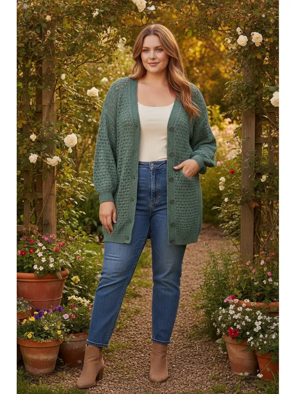 BloomChic Sage Green Crochet Knit Cardigan Open Weave Button Front Sweater 14-16 - Image 6