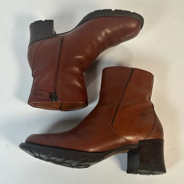 Timberland 62318 Brown Leather Side Zip‎ Ankle Boots Block Heel Womens 6.5 M - Image 5