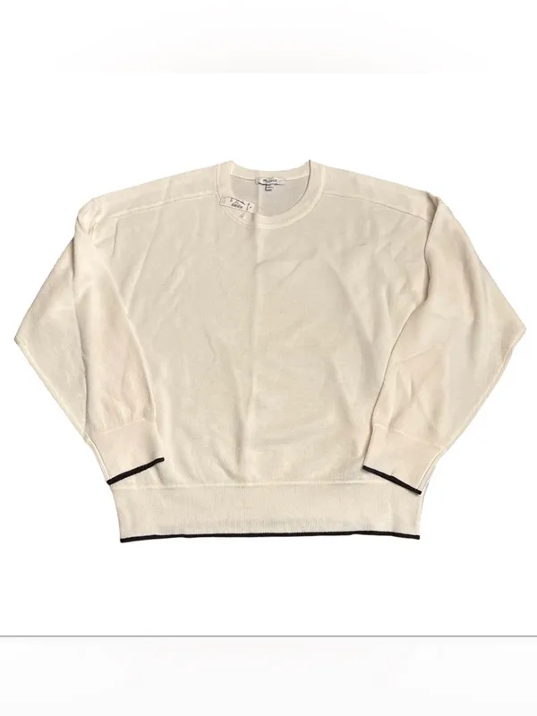 Madewell Merino Wool Pullover Sweater crew neck ivory dark brown trim Size L NWT - Image 2