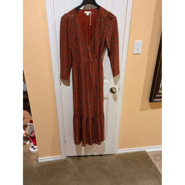See U Soon Brown Wrap Long Midi Long Sleeve Dress Size Small - Image 6