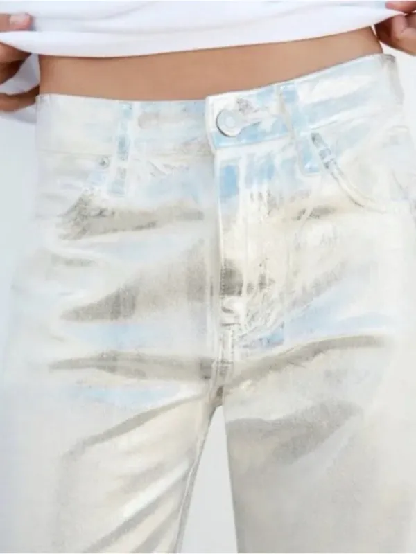 Zara TRF Metallic Silver Painted High Rise Wide Leg Women’s Jeans - Image 3