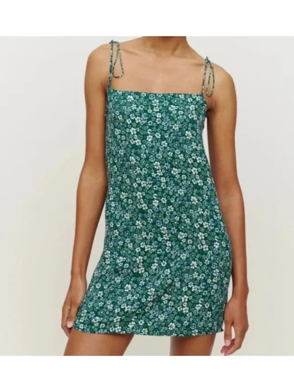 Reformation Agean Mini Dress Green Floral Print Tie Strap Shoulders Size 4 - Image 3