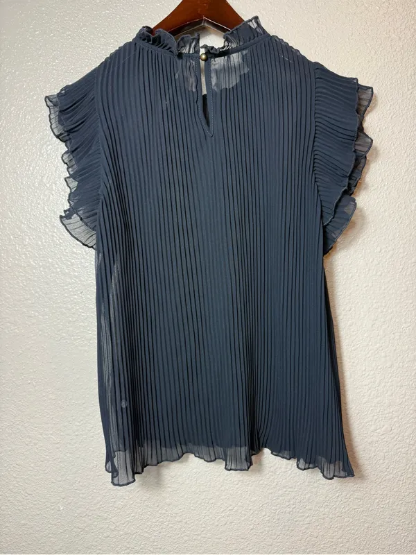 Anthropologie Pleated Sheer Chiffon Ruffle‎ Mock Neck Blouse Slate Blue Size M - Image 2