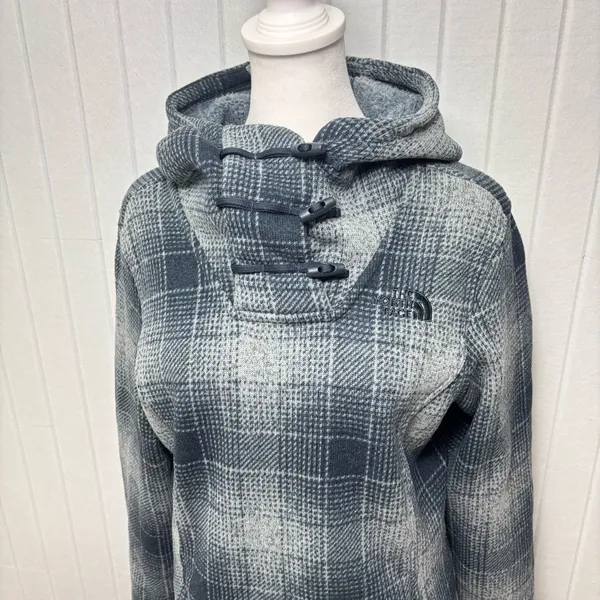 The North Face Women's Plaid Fleece‎ Pullover Cowl Blue and gray Hoodie Size S - Image 2
