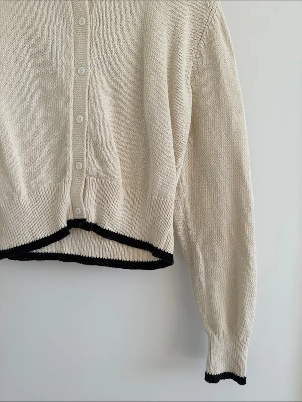 Olivaceous Cream Cropped Button-Front Cardigan with Black Trim - Image 2