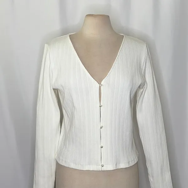VINCE Pearl Button Cardigan Sweater Off White Ribbed Cropped V Neck‎ X-Large - Image 3