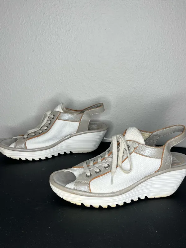 Fly London White & Solver Yedu Lace Up Peep Toe Wedge Sandals Size EU 39 - Image 3