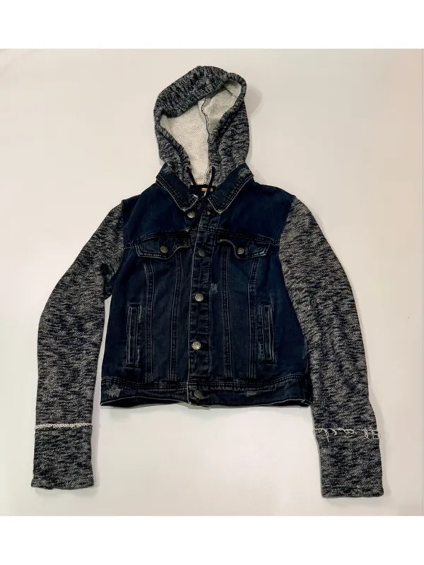 Free People Denim Knit Sleeve Hooded Jacket Distressed Dark Wash h - Image 3
