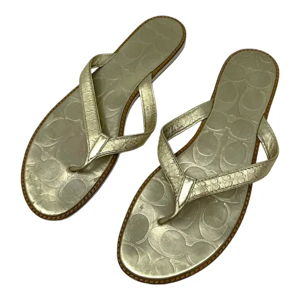 Coach Gold Leather Thong Sandals Signature Logo Flip Flops Size 8.5 - Image 3