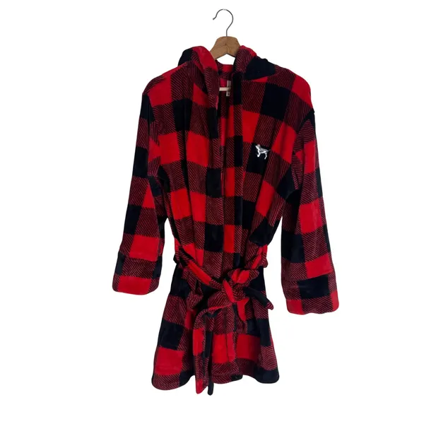PINK Victoria's Secret Women's Buffalo Plaid Hooded Sequin plush Robe y2k XS/S - Image 2