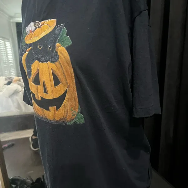 Soffe Vintage Halloween Black Cat Pumpkin Graphic Tee shirt Tshirt - Image 3