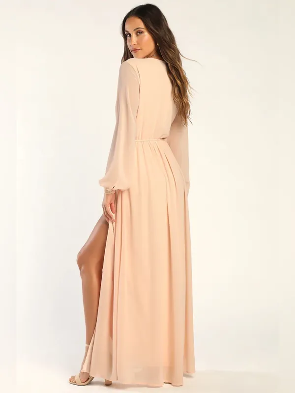 Lulus Wondrous Water Lilies Blush Pink Chiffon Long Sleeve Maxi Dress Size Large - Image 2