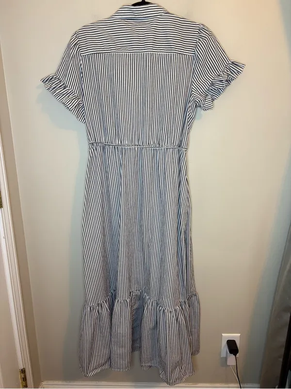 J.Crew Factory 14 Blue White Striped Ruffle Sleeve Midi Shirt Dress CK548 - Image 2