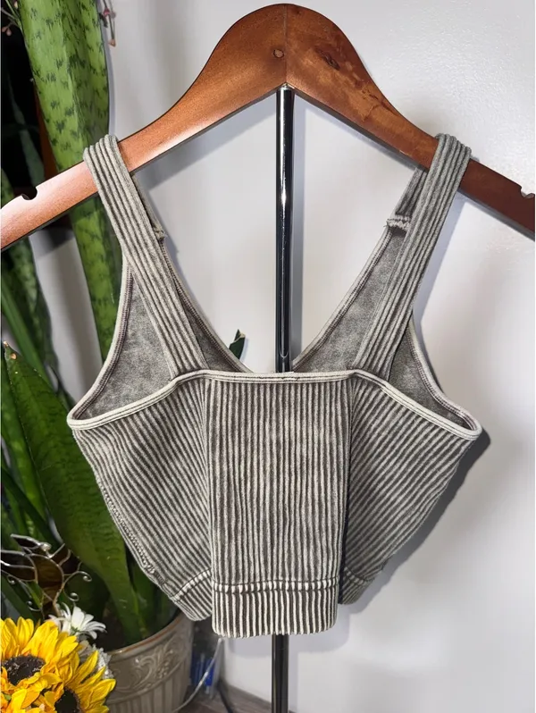 Acid Wash Seamless Ribbed Cropped Bra Padded V-Neck Tank Top, Mocha, Size L/XL - Image 2