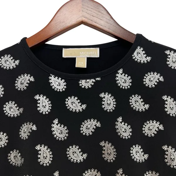 MICHAEL KORS Black/Silver Foil Paisley Flounce Shift Dress Bell Sleeves Size S - Image 13