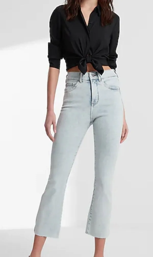 Express High Waisted Light Wash Raw Hem Cropped Flare Jeans - Image 4