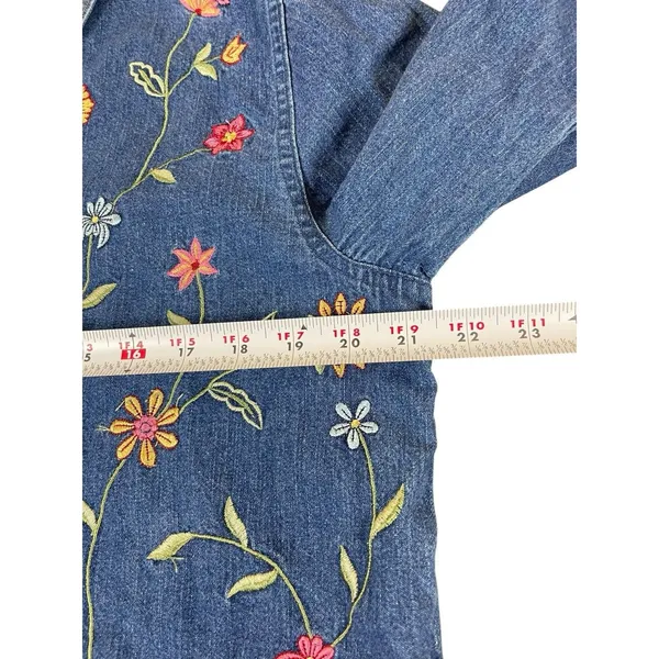 VTG 90s Bobbie Brooks Embroidered Floral Mixed Denim Shirt Button Up L Boho - Image 11