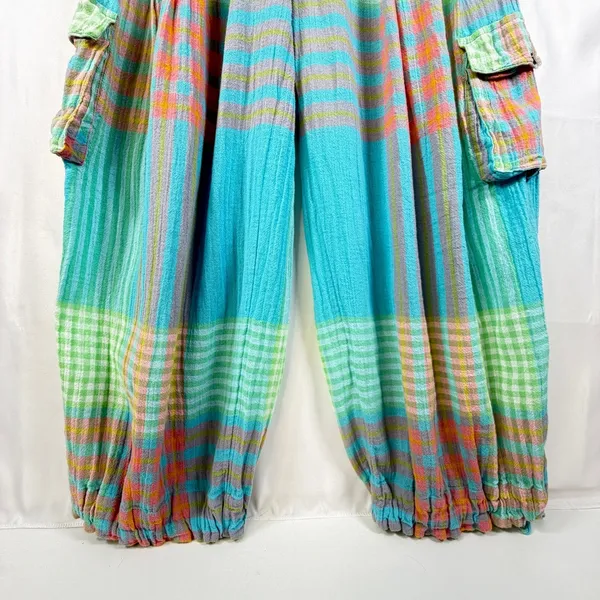 Free People Crafted Cargo Pants Blue Plaid Wide Leg Beachy Boho Size XS - Image 8