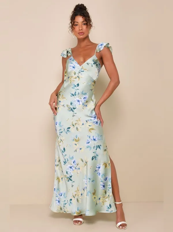LULU’S Captivating Grace Sage Green Floral Satin Ruffled Maxi Dress - Image 6