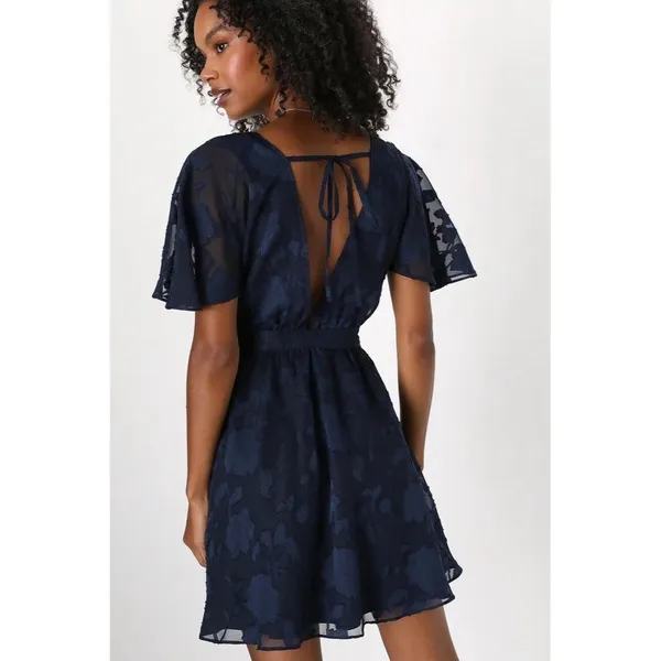 Lulus Flutter Forever Navy Burnout Jacquard Mini Dress Size XS V Neck Feminine - Image 2