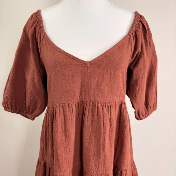 Billabong Fall For Ya Brown Cotton Gauze Tiered Puff Sleeve Mini Dress NWT Small - Image 5