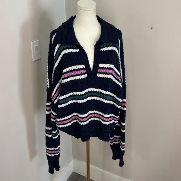 Free People Navy Blue Striped Chunky Knit Polo V-Neck Sweater Large - Image 2