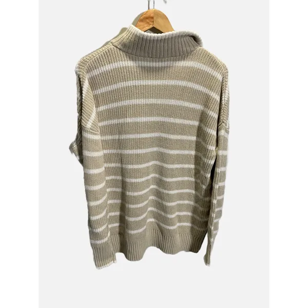 Belle by Kim Gravel Sweater Womens M Tan Striped Quarter Zip Knit Pullover - Image 5