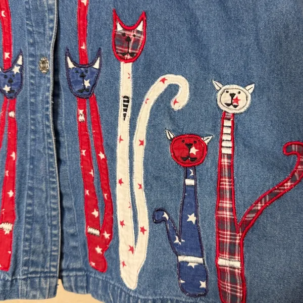 Vintage Dressbarn Womens‎ Large Denim Vest Patriotic Cat Embroidered Star Blue L - Image 7