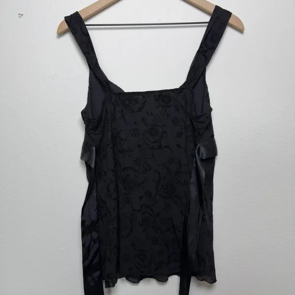 VTG 90s Fairy Grunge Babydoll Velvet‎ Paisley Tie Waist Top Medium Black Floral - Image 6