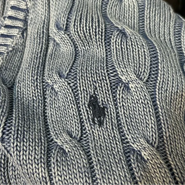 Polo Ralph Lauren Blue Cable Knit Pima Cotton V-Neck Sweater Fisherman Preppy - Image 6