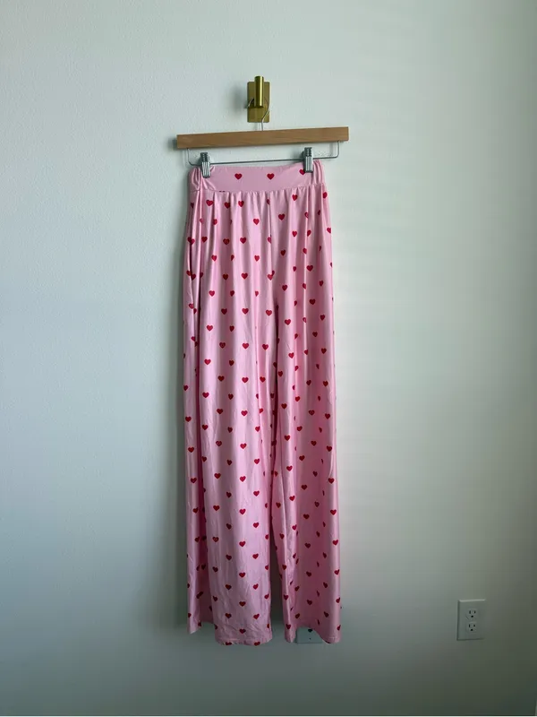 Pink Red Heart Print Matching Pajama Set Button Down Wide Leg Pants Size Medium - Image 7