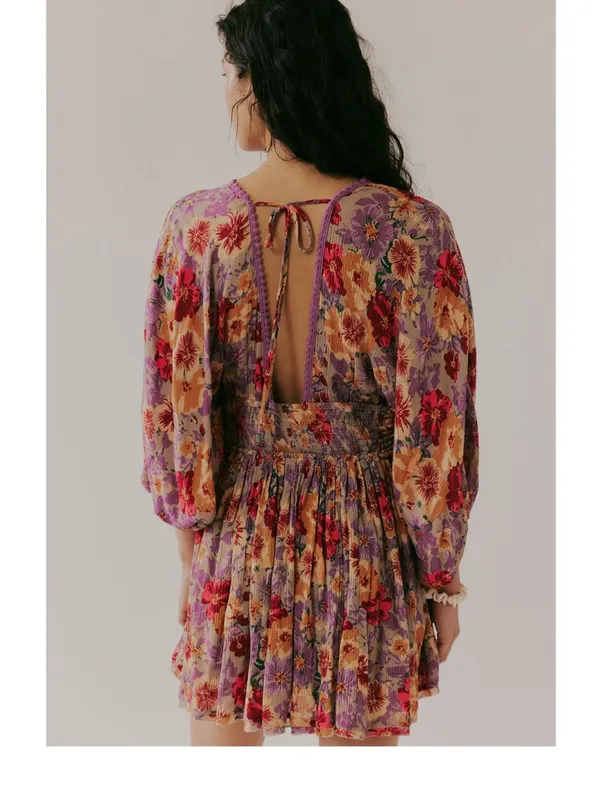 Free People Floral V-Neck Mini Dress in Lavender & Peach - Image 6