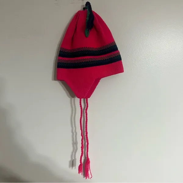 Hi-Line Knits 100% Wool Winter Hat‎ Tassles On Top + Ear Cover Bright Pink - Image 3