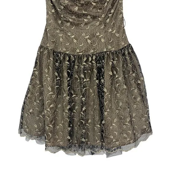 Jessica McClintock Gold Strapless Fit Flare Dress Floral Overlay Party‎ 2 Retro - Image 3