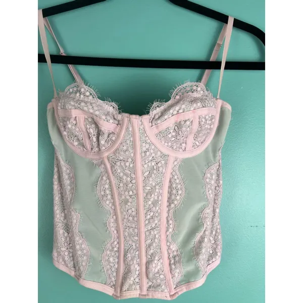 Out From Under Pink Lace Corset Bustier Top S | Sheer Mesh Lingerie Style Crop U - Image 2