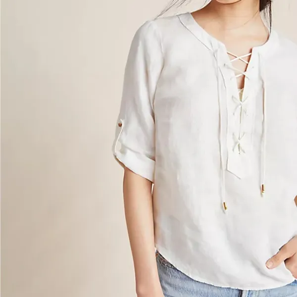 Maeve Anthropologie Linen Too Lace Up Cream Coastal Minimalist Preppy Nautical - Image 3
