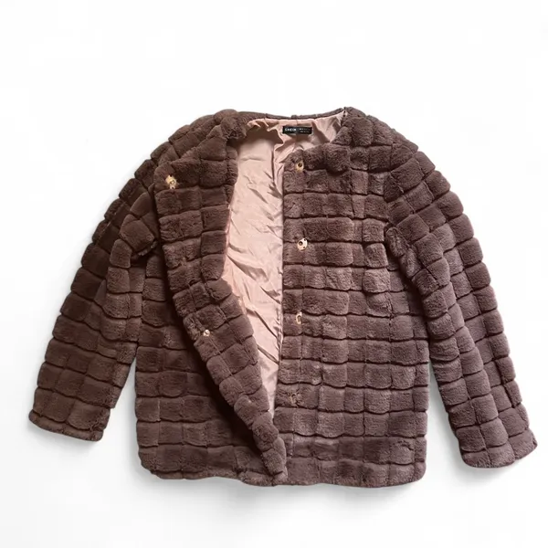 Chocolate Brown Faux Fur Grid Coat – Soft Plush Jacket, Size XS, Elegant & Cozy - Image 6