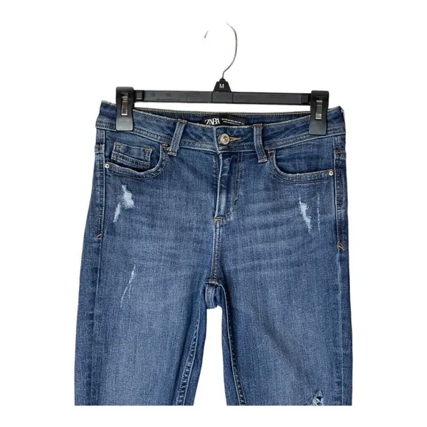 Zara Blue Medium Wash Denim Distressed Raw Cut Hem Skinny‎ Jeans 2 - Image 3