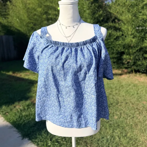 See You Monday Large Blue Paisley Cold Shoulder Top Blouse Boho Flutter Sleeve - Image 2