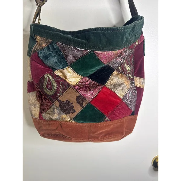 Vintage Y2K Lucky Brand Patchwork Hobo Bag Velvet Suede Paisley Boho Festival - Image 2