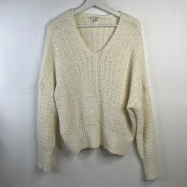 Time and Tru Large L 12-14 Tape Yarn Sweater Cream V-Neck Open Knit Pullover - Image 3
