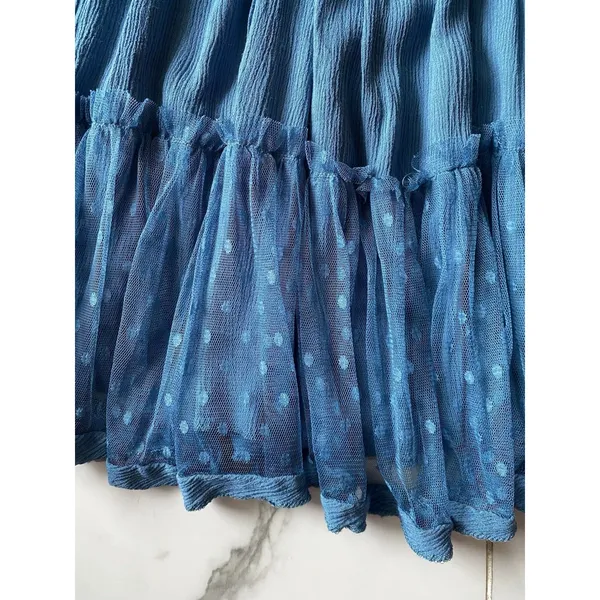 ⁠R Vivimos Blue Halter Mini Dress Size L Boho Mesh Polka Dot Tiered Babydoll - Image 10