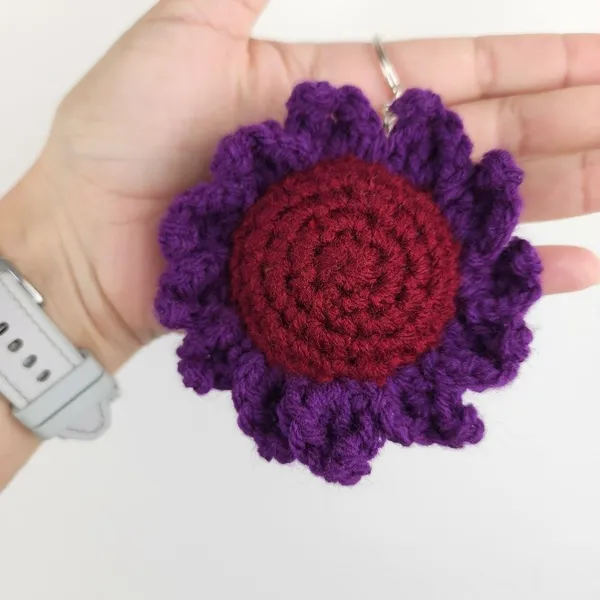 New Crochet Stuffed Flower Keychain Burgundy Purple Handmade Handcrafted - Image 2