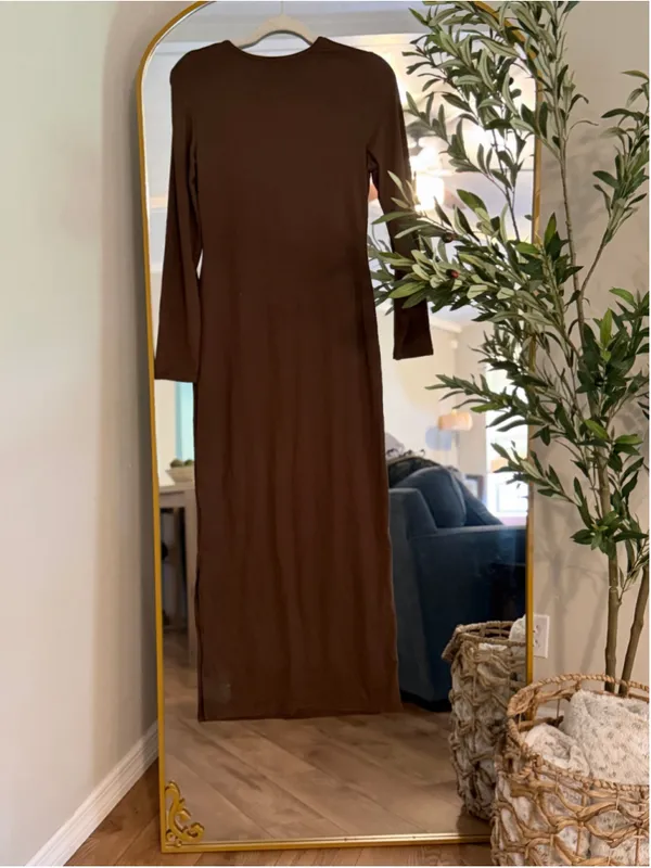 NEW Bodycon Maxi Dress Long Sleeve Side Slit Knit Fitted S - Image 2