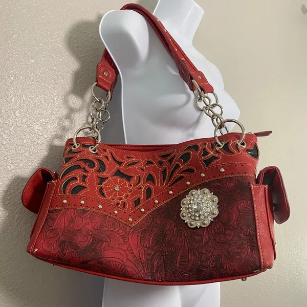 Y2K Red Western Shoulder Bag Vegan Leather Chunky Studded Country Cowgirl Boho - Image 5