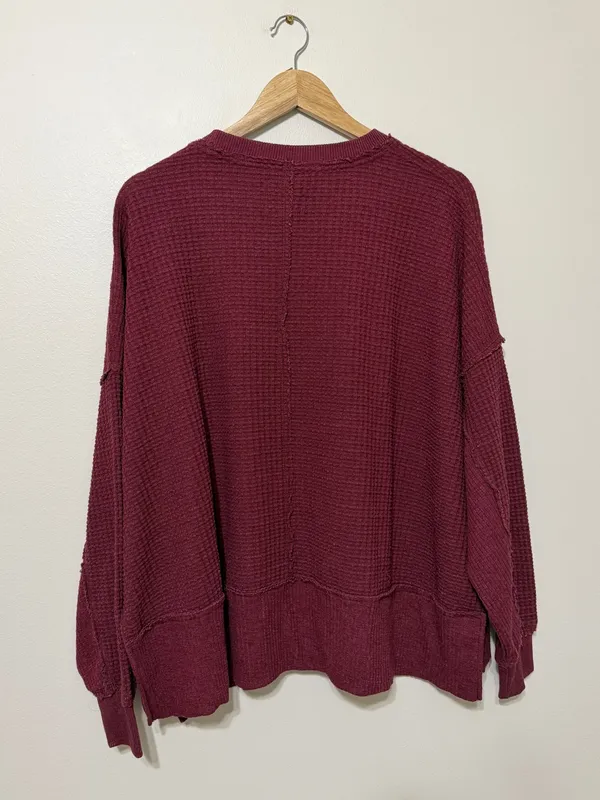 AE This Feels Lived In Hug Waffle Crew Neck Sweatshirt Burgundy Size XS Oversize - Image 7