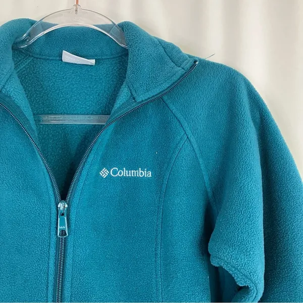 Columbia Teal Blue Fleece Jacket Full Zip Zip Pockets Polyester Womens Small - Image 2