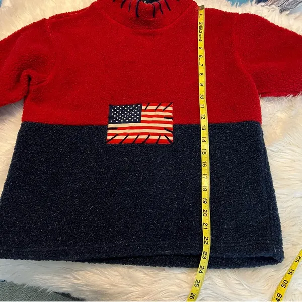 VTG USA American Flag Fuzzy Sherpa type Top Size Small yarn details mock neck - Image 9